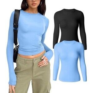 Set Of 2 - Women's Casual Long Sleeve Crew Neck Shirt Top Medium Black & Blue